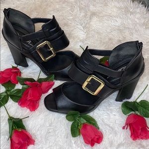 Woman’s Gold Buckle Open Toe Heel.  Comfy/Stylish.